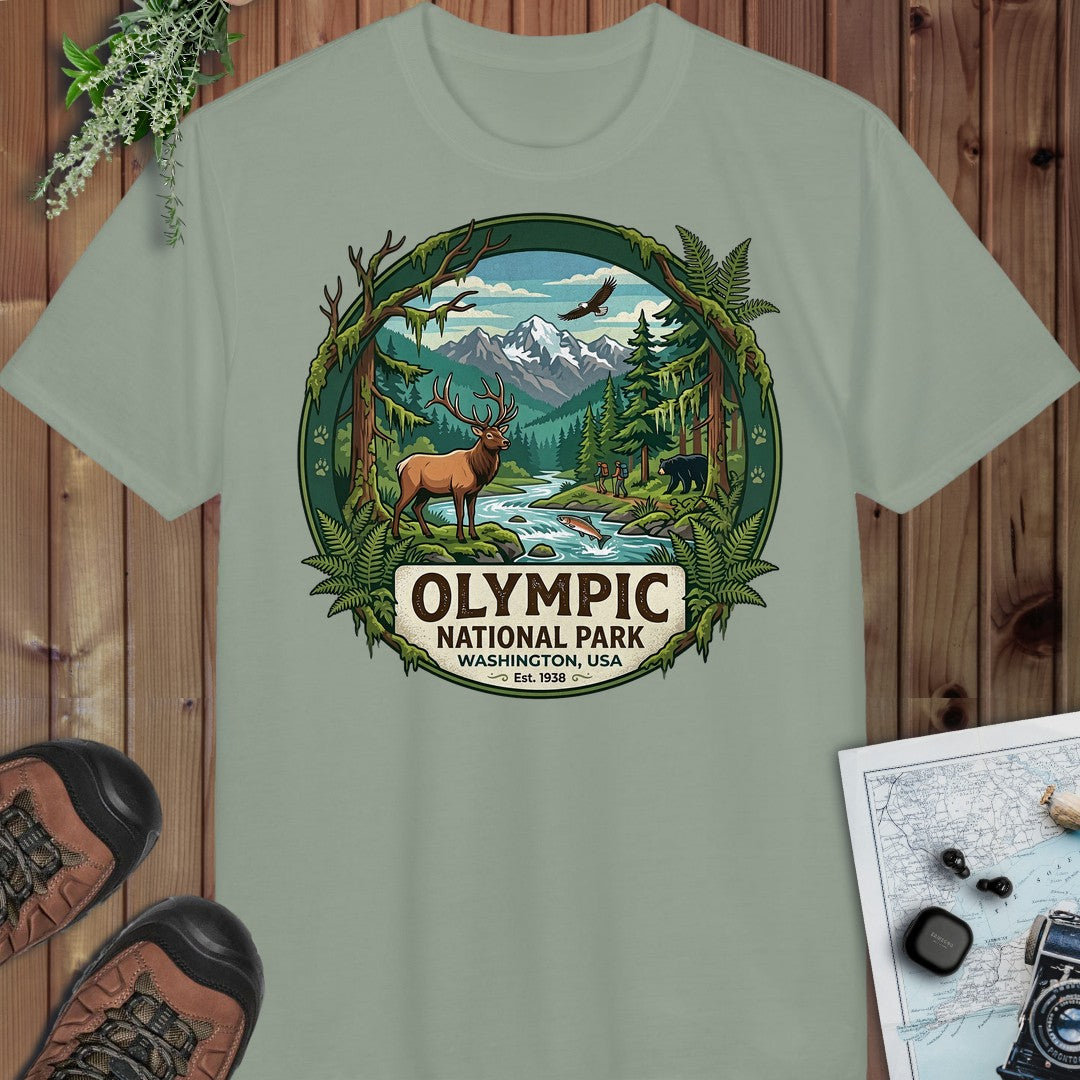 Olympic National Park Emblem Performance T-Shirt in Sage