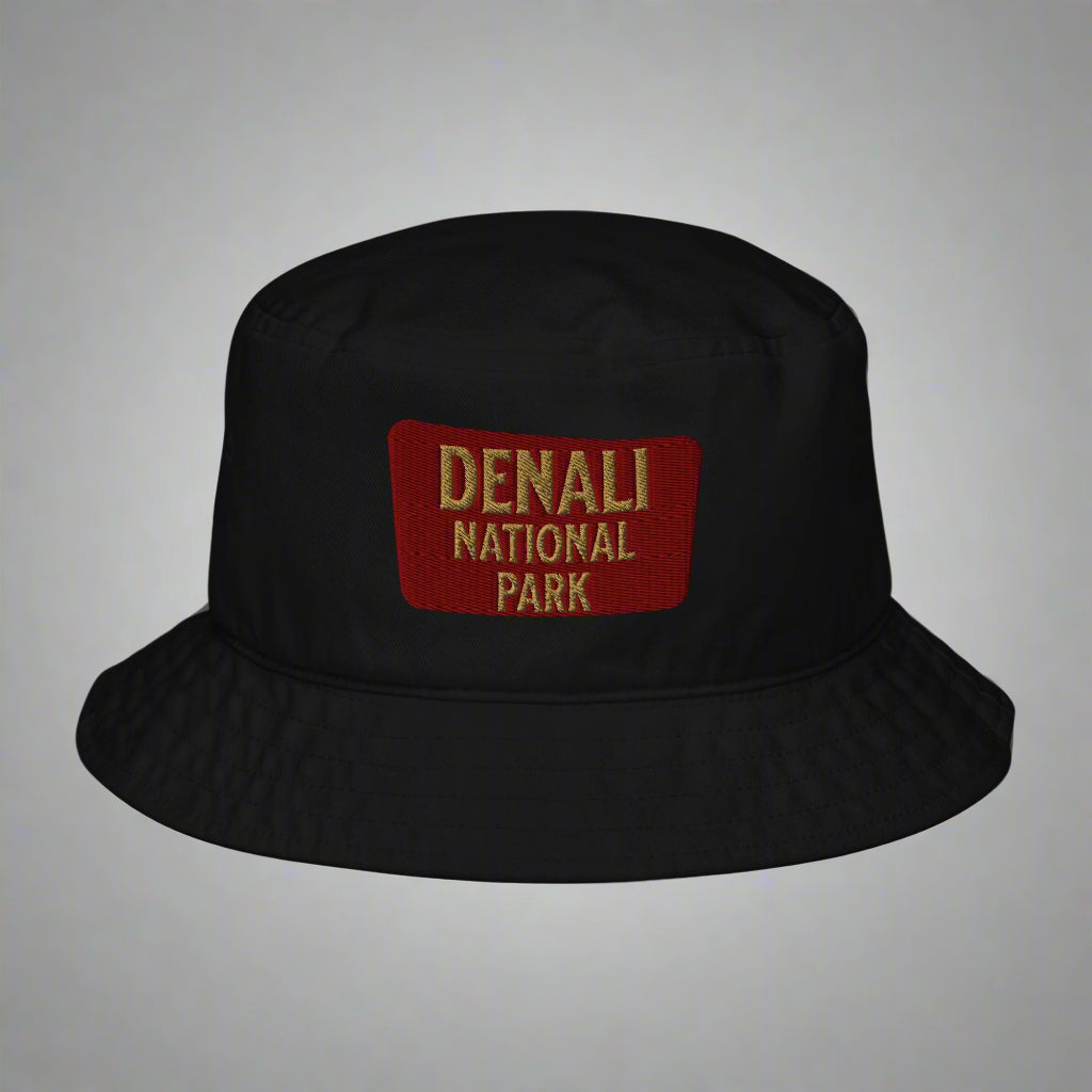 Denali National Park Sign Organic Embroidered Bucket Hat hat Park Service Apparel Black