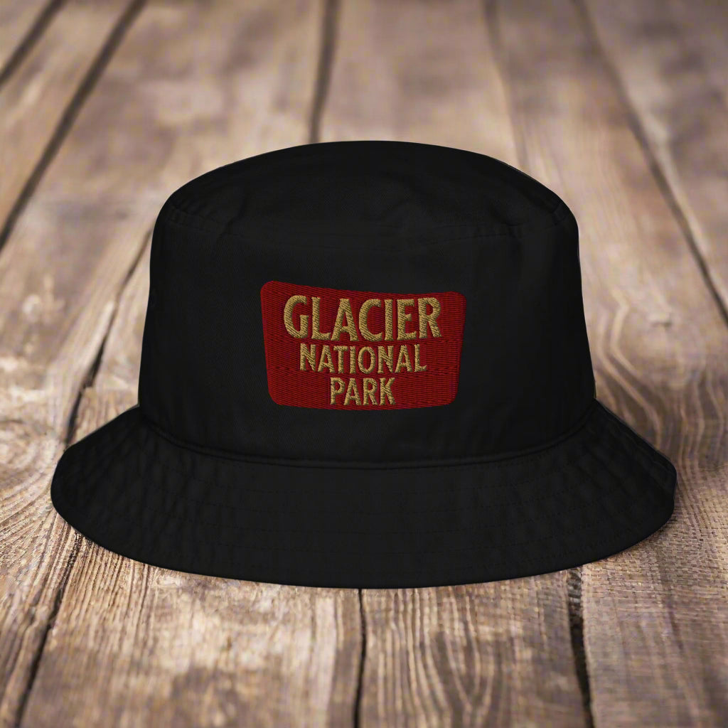 Glacier National Park Sign Organic Embroidered Bucket Hat hat Park Service Apparel Black