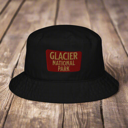 Glacier National Park Sign Organic Embroidered Bucket Hat hat Park Service Apparel Black