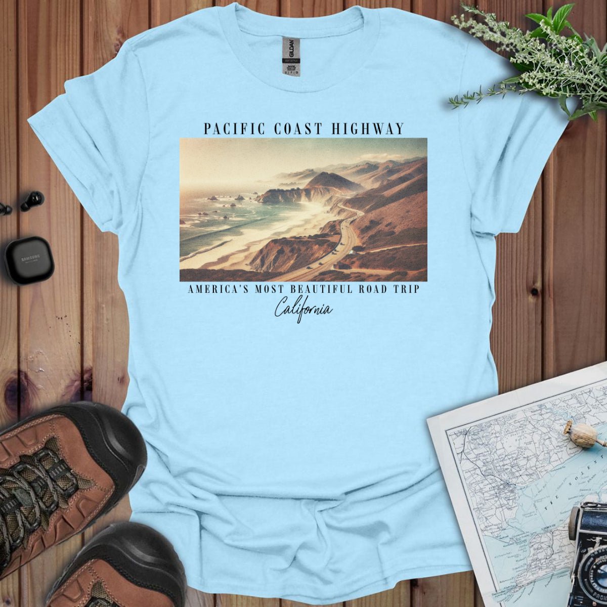 Pacific Coast Highway California t-shirt shown in lifestyle or modeled setting