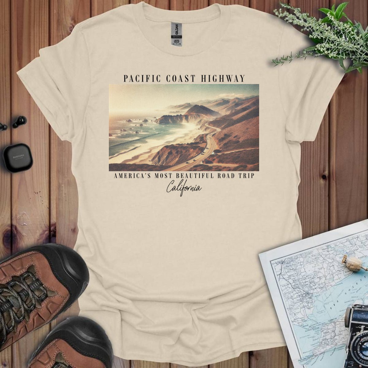 Pacific Coast Highway California t-shirt shown in lifestyle or modeled setting