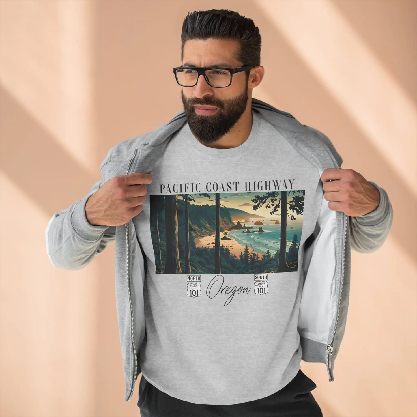 Pacific Coast Highway Oregon HWY 101 crewneck sweatshirt shown in lifestyle or modeled setting