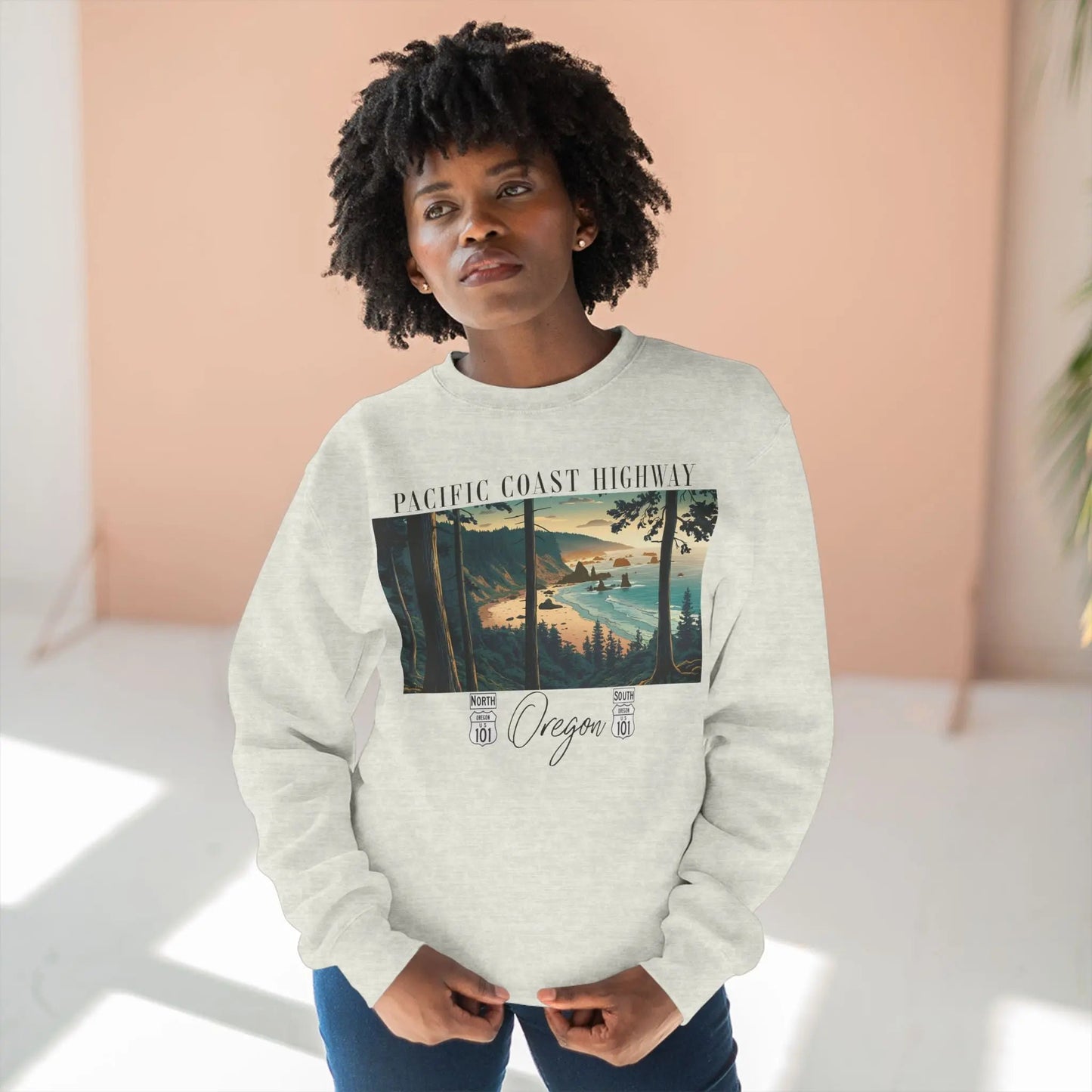 Pacific Coast Highway Oregon HWY 101 crewneck sweatshirt shown in alternate apparel color