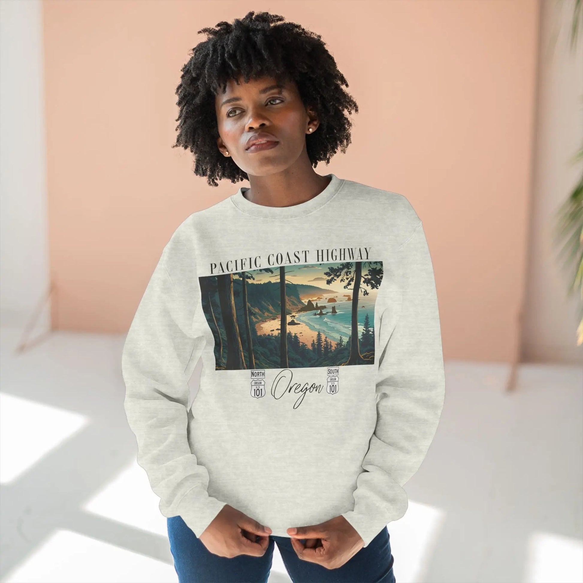Pacific Coast Highway Oregon HWY 101 crewneck sweatshirt shown in alternate apparel color