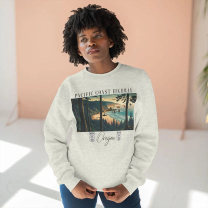 Pacific Coast Highway Oregon HWY 101 crewneck sweatshirt shown in alternate apparel color
