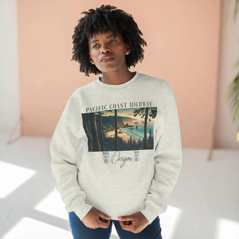 Pacific Coast Highway Oregon HWY 101 crewneck sweatshirt shown in alternate apparel color