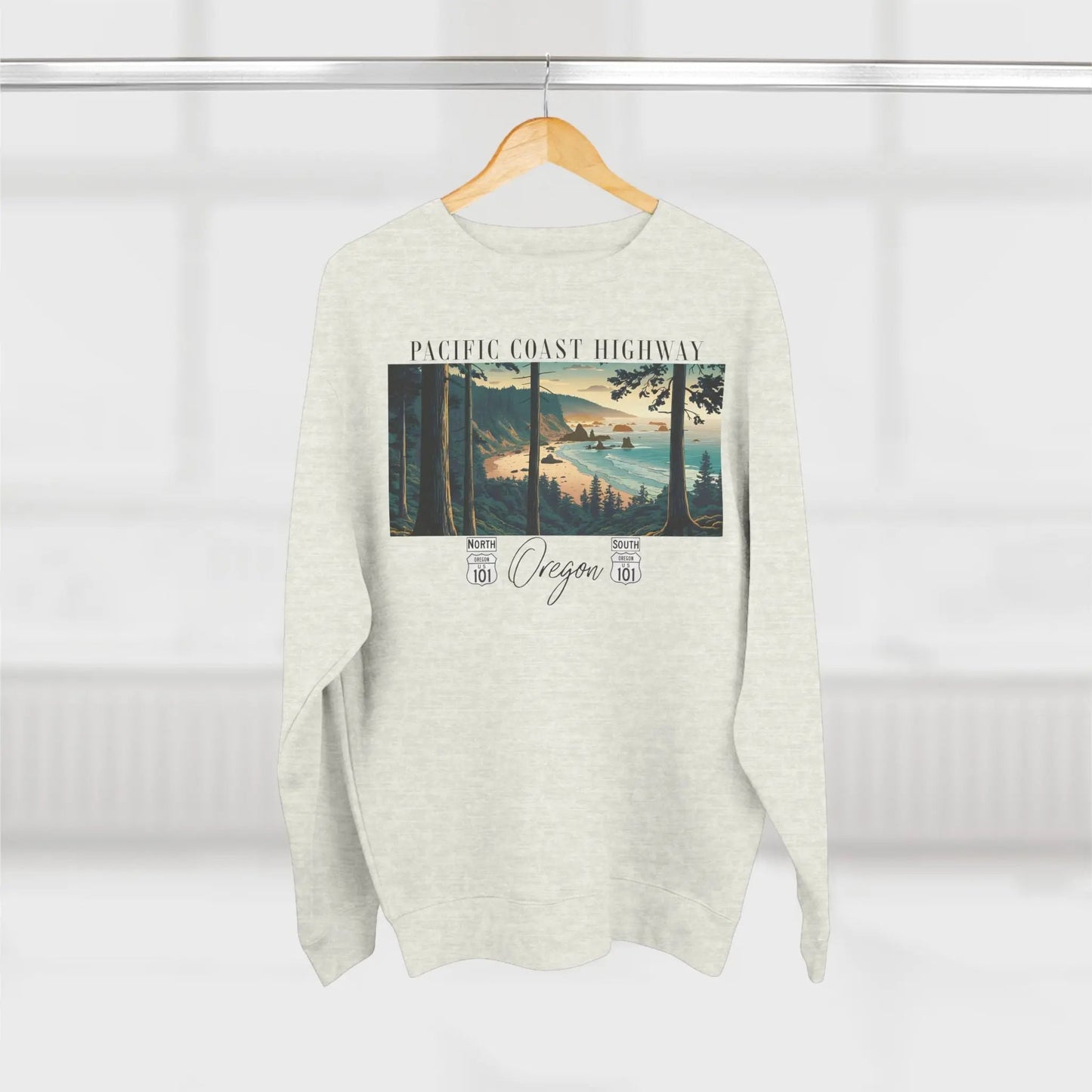 Pacific Coast Highway Oregon HWY 101 crewneck sweatshirt shown in lifestyle or modeled setting