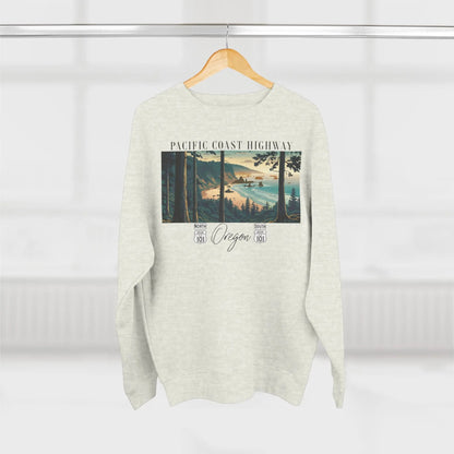 Pacific Coast Highway Oregon HWY 101 crewneck sweatshirt shown in lifestyle or modeled setting