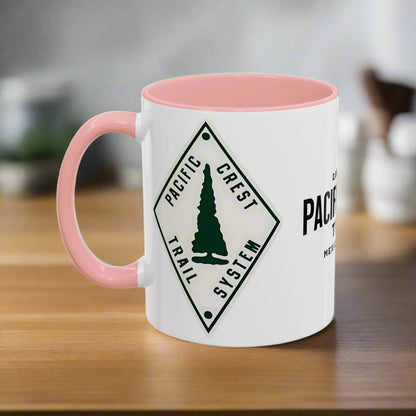 Pacific Crest Trail classic trail marker colored accent coffee mug shown from alternate product angle
