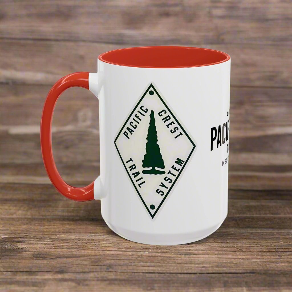 Pacific Crest Trail classic trail marker colored accent coffee mug shown from alternate product angle