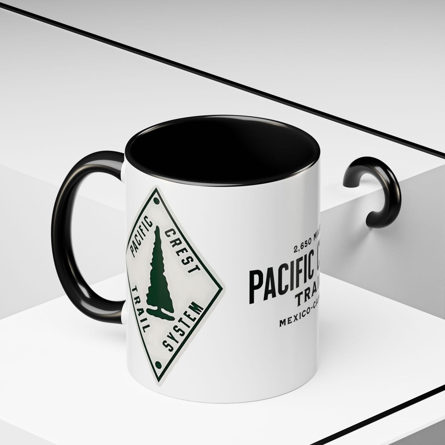 Pacific Crest Trail classic trail marker colored accent coffee mug showing design detail or product variation