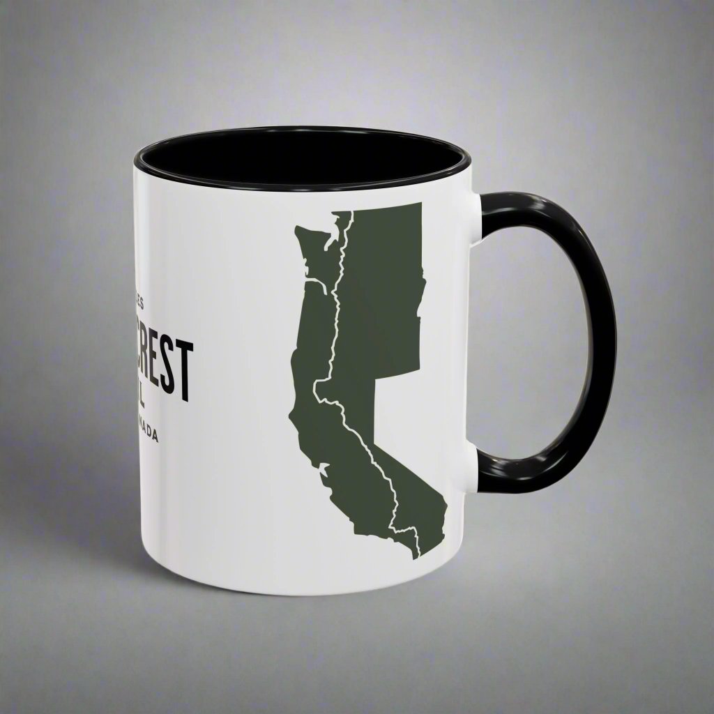 Pacific Crest Trail classic trail marker colored accent coffee mug shown from alternate product angle