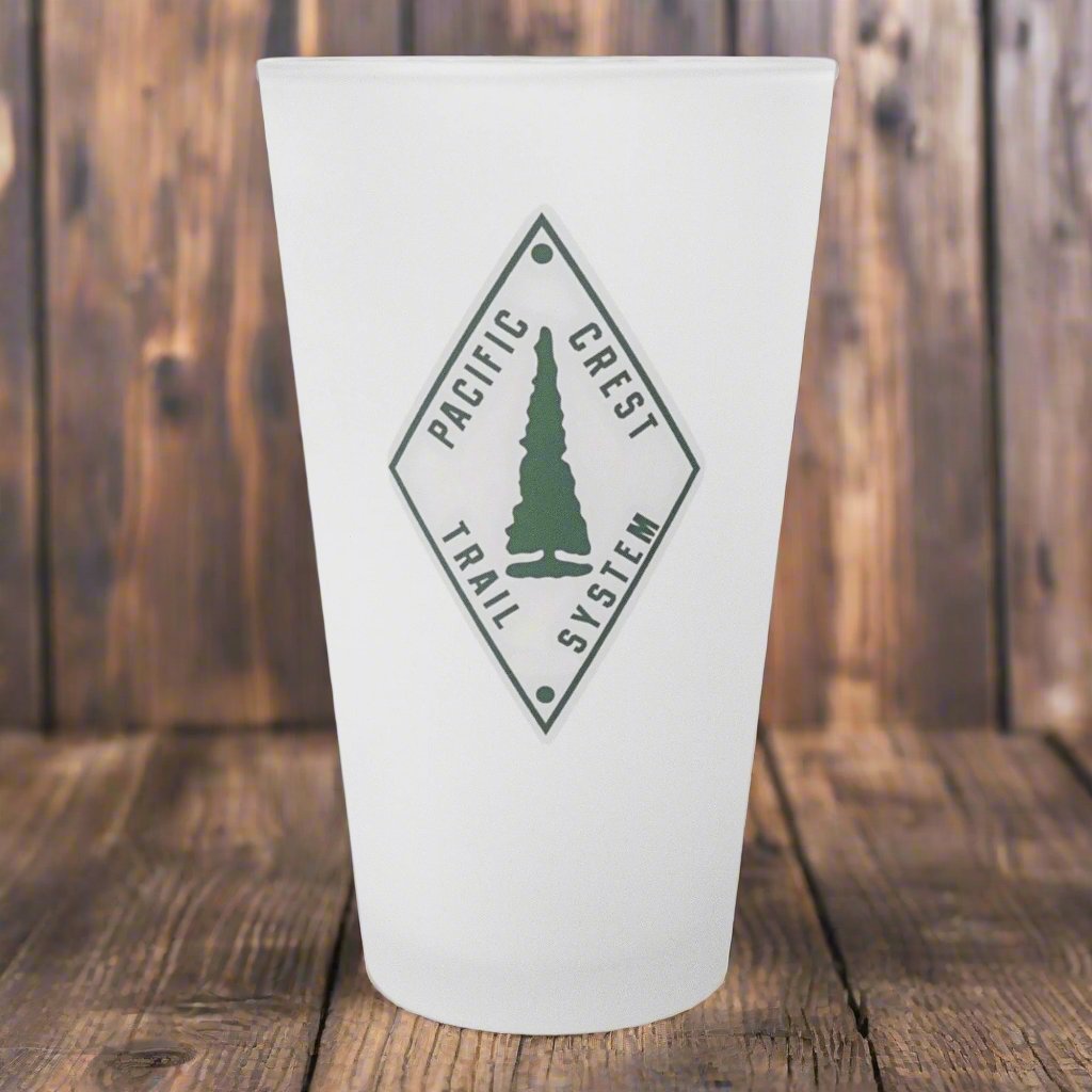 Pacific Crest Trail classic diamond trail marker frosted pint glass shown as primary product image