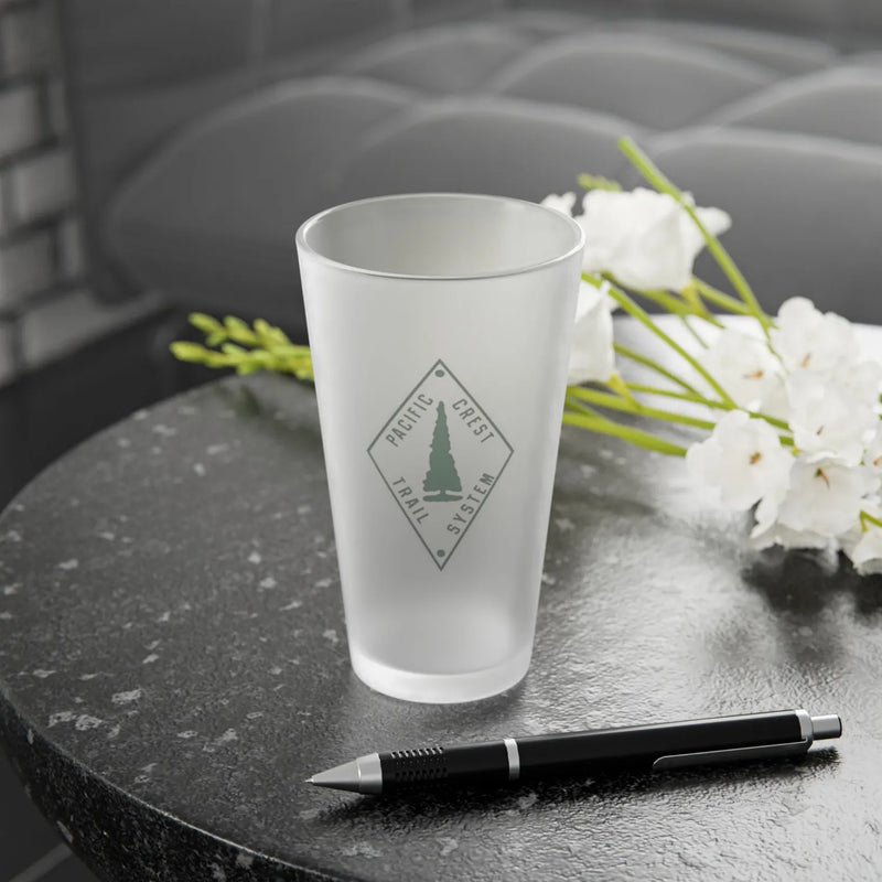 Pacific Crest Trail classic diamond trail marker frosted pint glass shown from alternate product angle