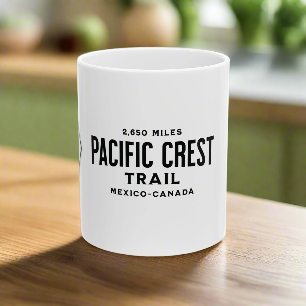 Pacific Crest Trail classic trail marker coffee mug shown from alternate product angle