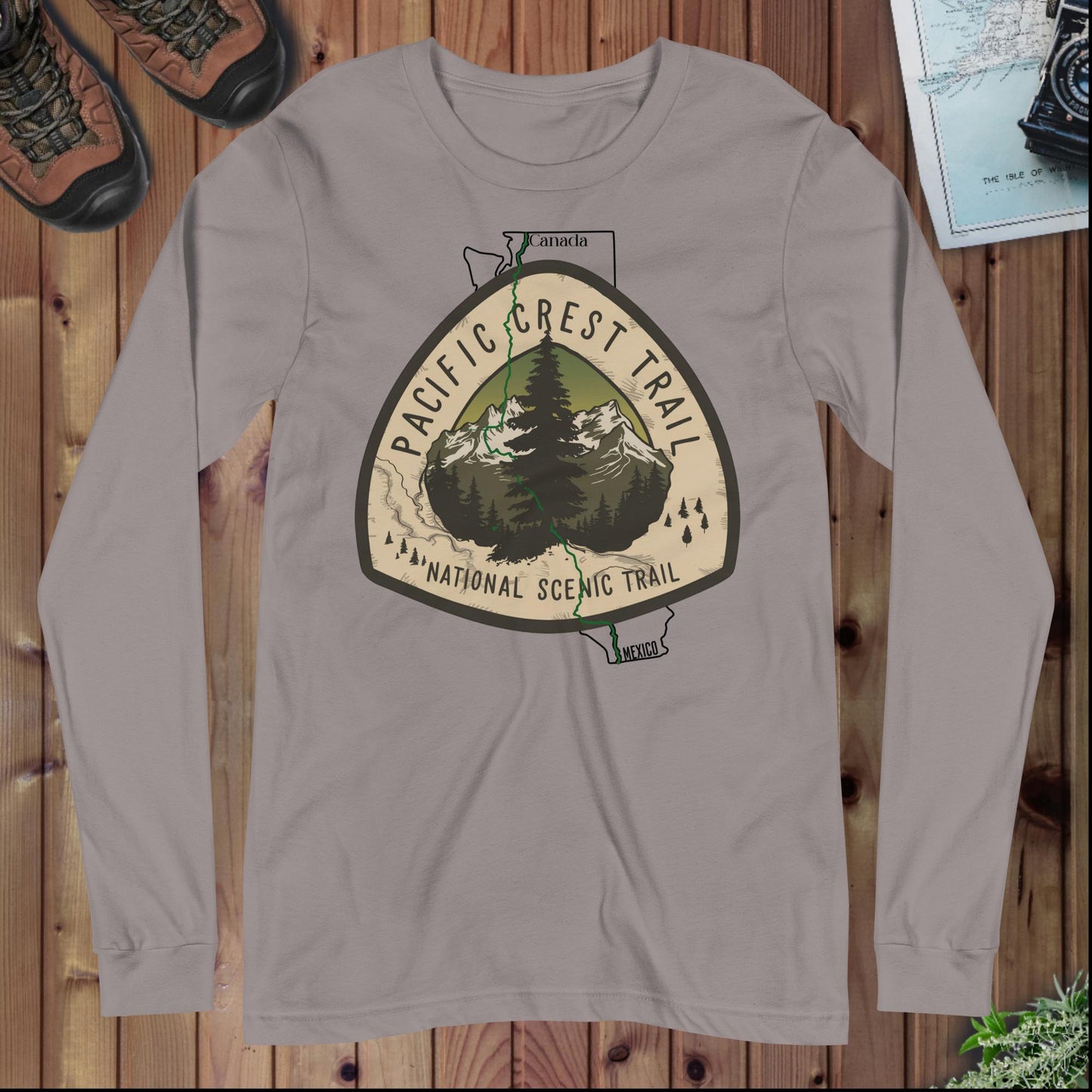 Pacific Crest Trail Long Sleeve T-shirt Map Logo - Parks ApparelLong - sleeve