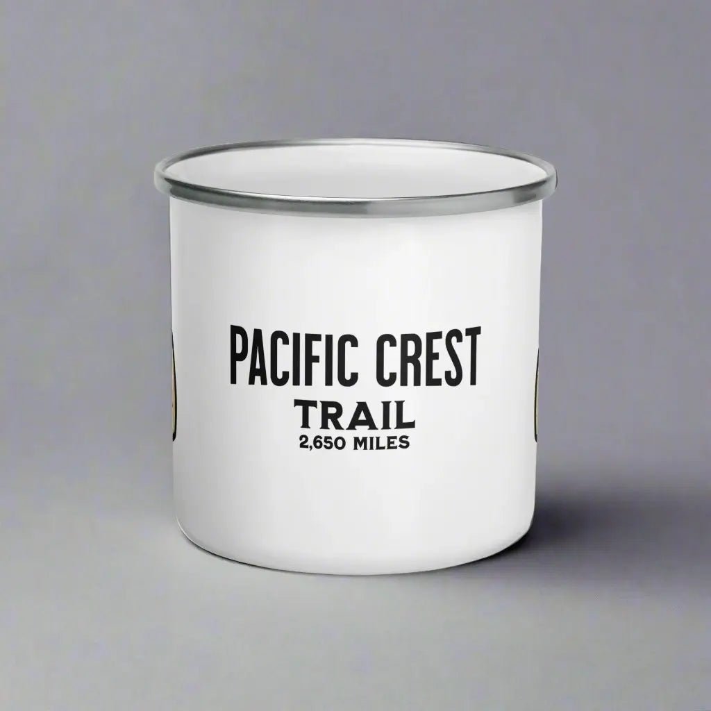 Pacific Crest Trail National Scenic Trail durable enamel camp mug shown from alternate product angle