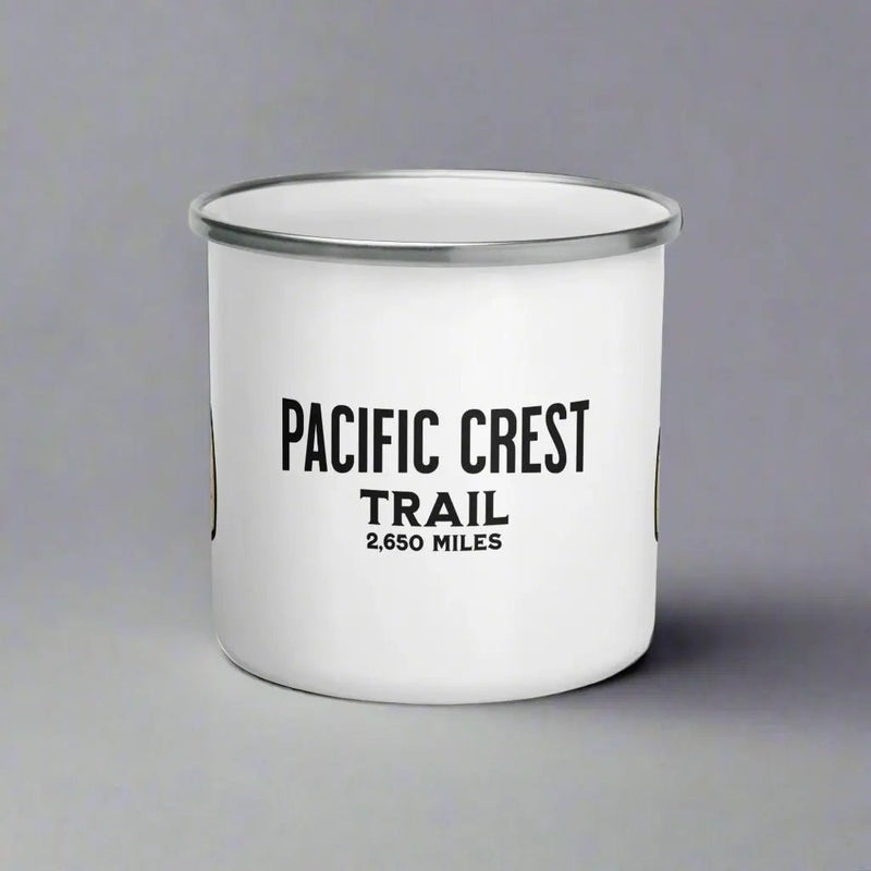 Pacific Crest Trail National Scenic Trail durable enamel camp mug shown from alternate product angle