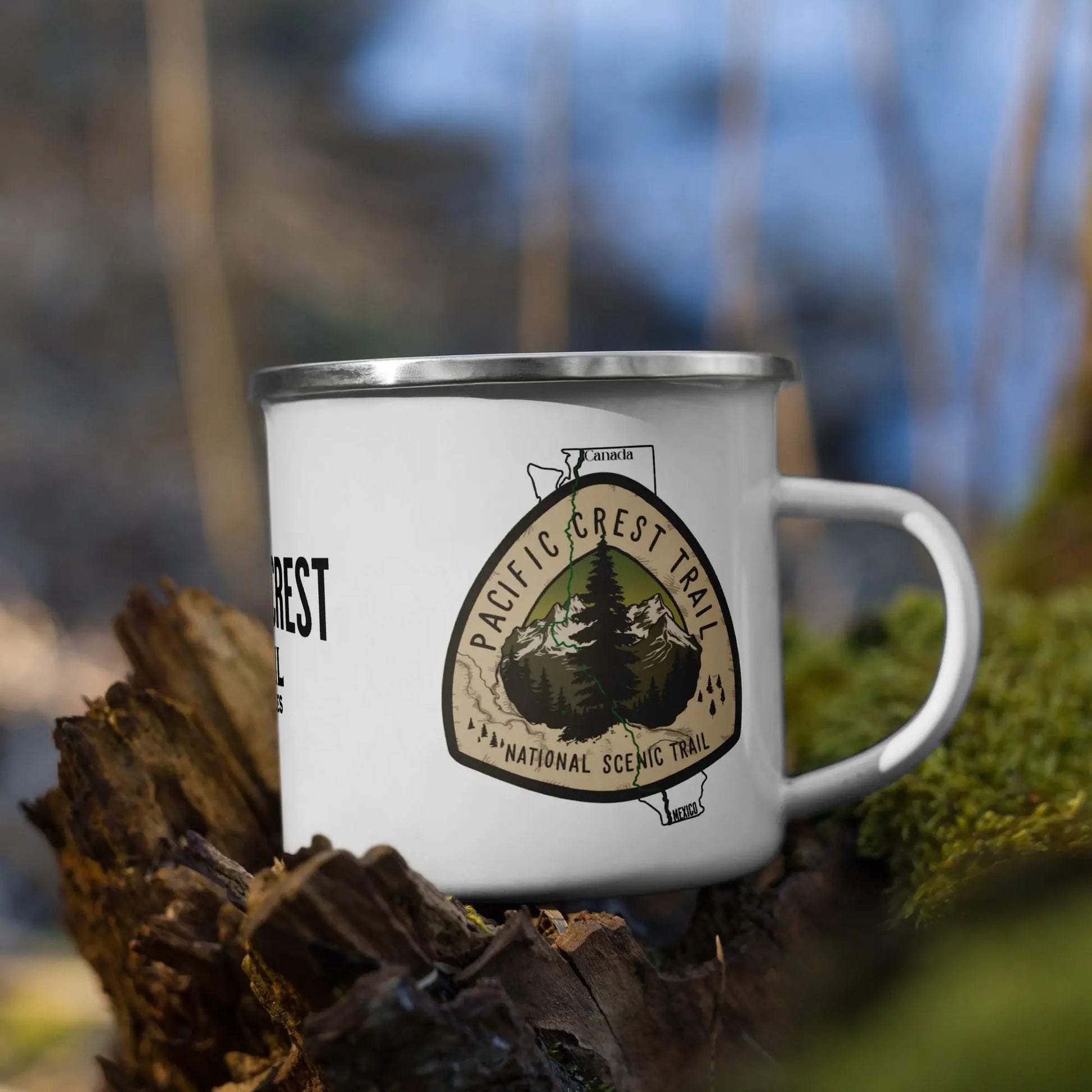 Pacific Crest Trail National Scenic Trail durable enamel camp mug shown from alternate product angle