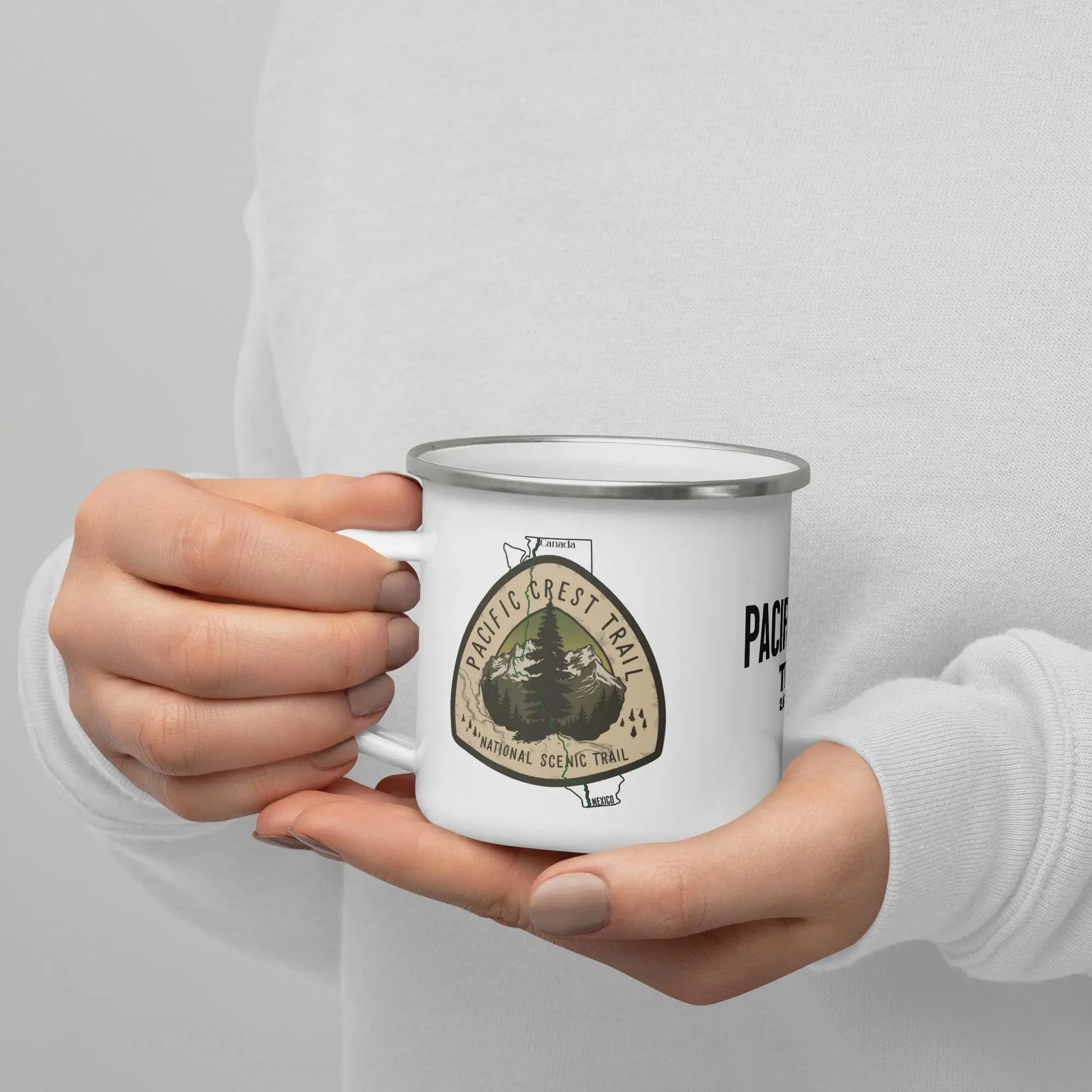 Pacific Crest Trail National Scenic Trail durable enamel camp mug shown from alternate product angle