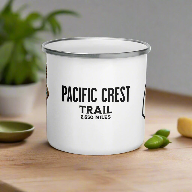 Pacific Crest Trail PCT mileage sign enamel camp mug shown from alternate product angle