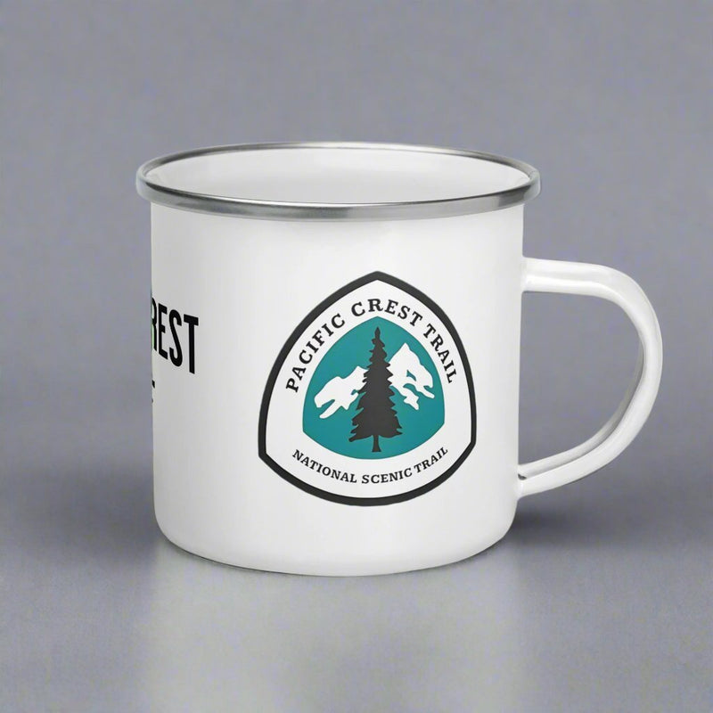 Pacific Crest Trail PCT mileage sign enamel camp mug shown from alternate product angle