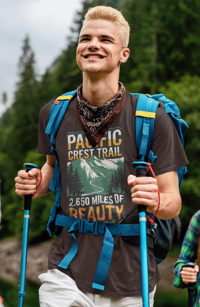 Pacific Crest Trail 2,650 Miles of Beauty graphic t-shirt shown in lifestyle or modeled setting