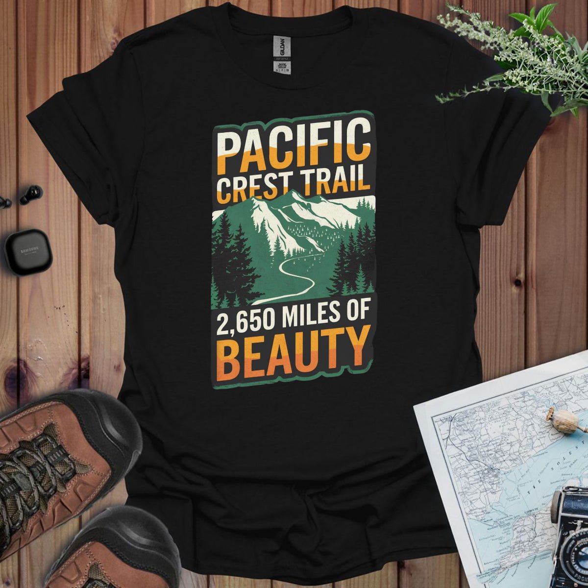 Pacific Crest Trail 2,650 Miles of Beauty graphic t-shirt shown in lifestyle or modeled setting