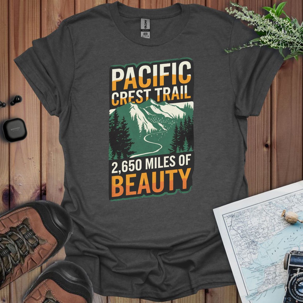 Pacific Crest Trail 2,650 Miles of Beauty graphic t-shirt shown from alternate product angle