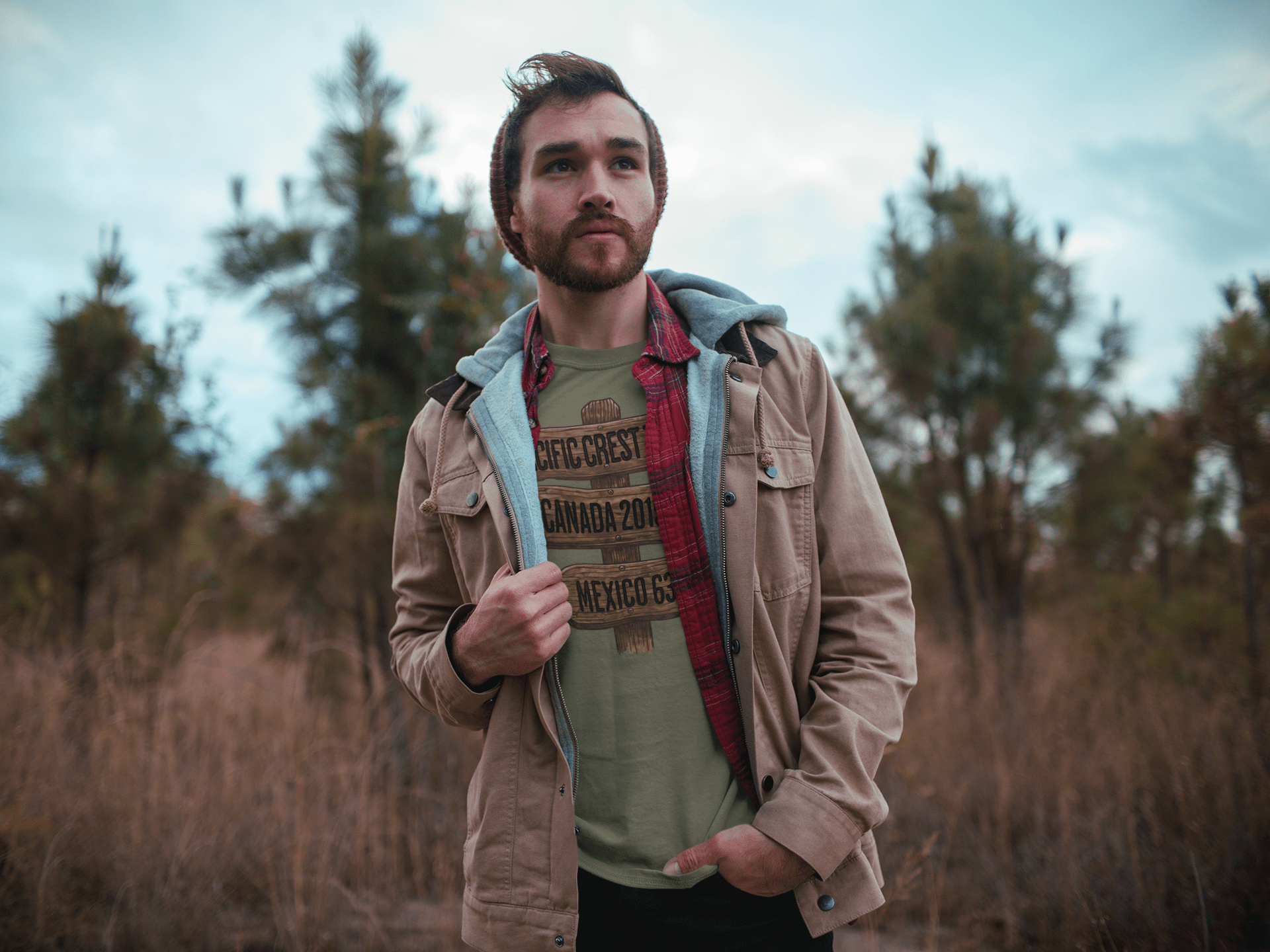 Pacific Crest Trail Mexico Canada 2650 mile sign graphic t-shirt shown in lifestyle or modeled setting