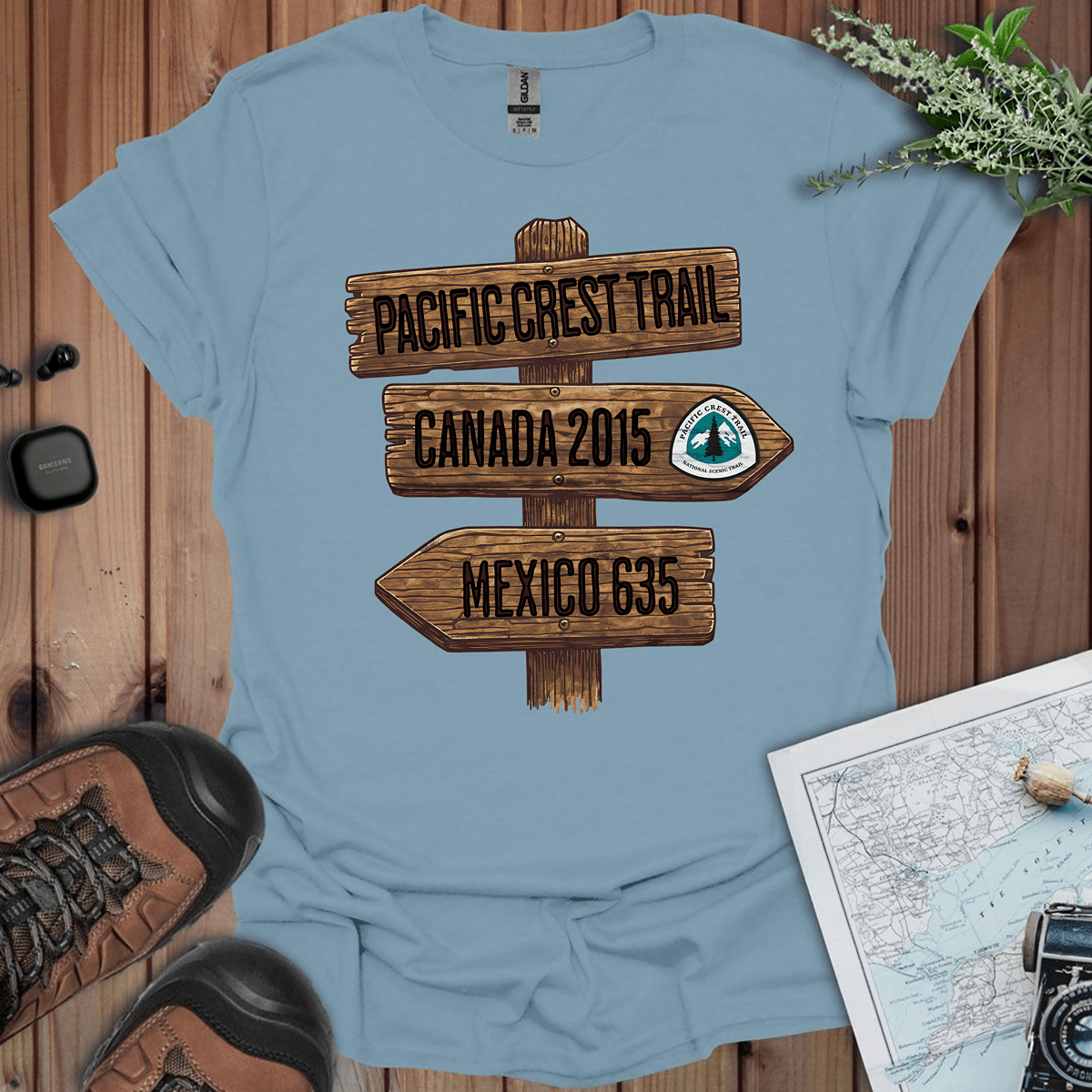 Pacific Crest Trail Mexico Canada 2650 mile sign graphic t-shirt shown in alternate apparel color