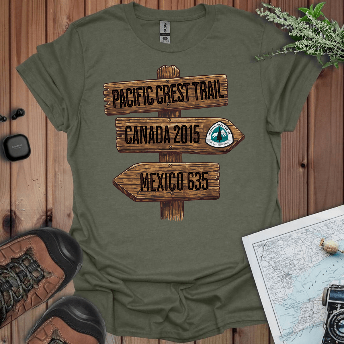 Pacific Crest Trail Mexico Canada 2650 mile sign graphic t-shirt detail or alternate product view