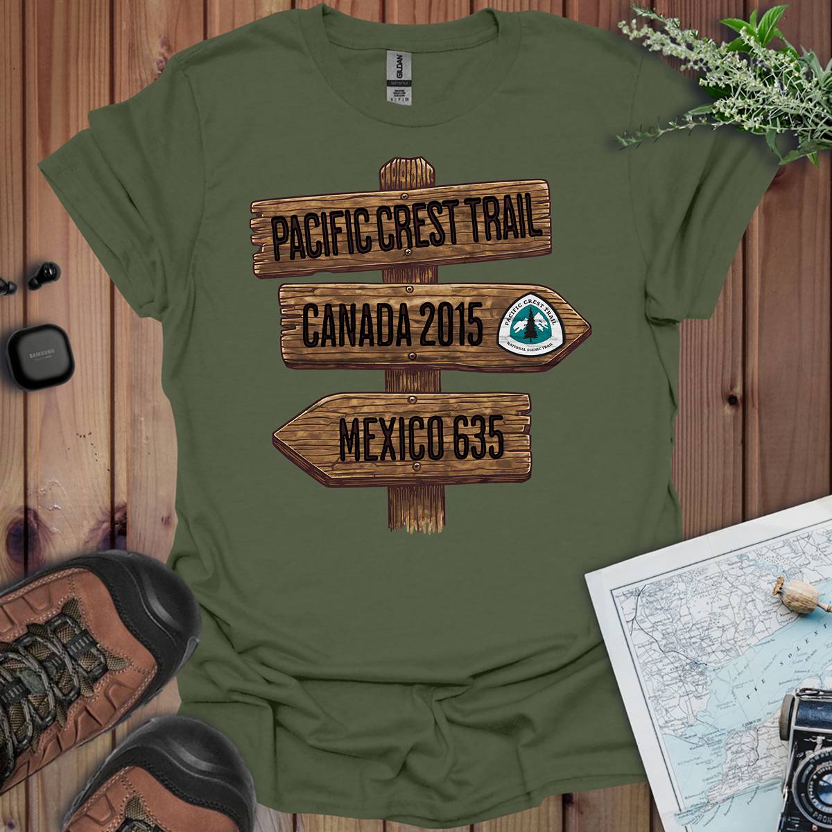 Pacific Crest Trail Mexico Canada 2650 mile sign graphic t-shirt shown in lifestyle or modeled setting