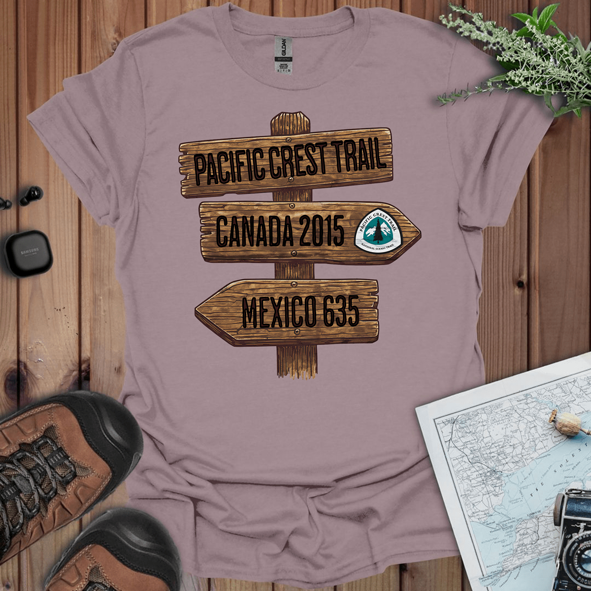 Pacific Crest Trail Mexico Canada 2650 mile sign graphic t-shirt detail or alternate product view