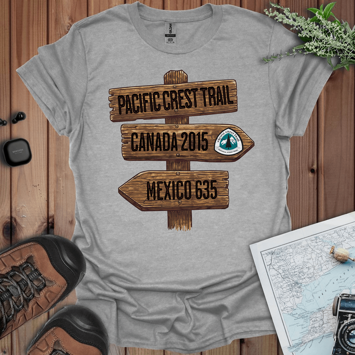Pacific Crest Trail Mexico Canada 2650 mile sign graphic t-shirt shown in alternate apparel color