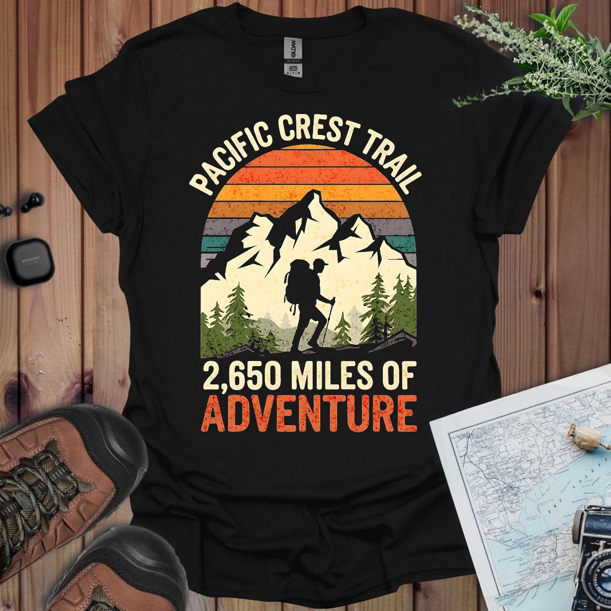 Pacific Crest Trail 2,650 Miles of Adventure graphic t-shirt shown from alternate product angle