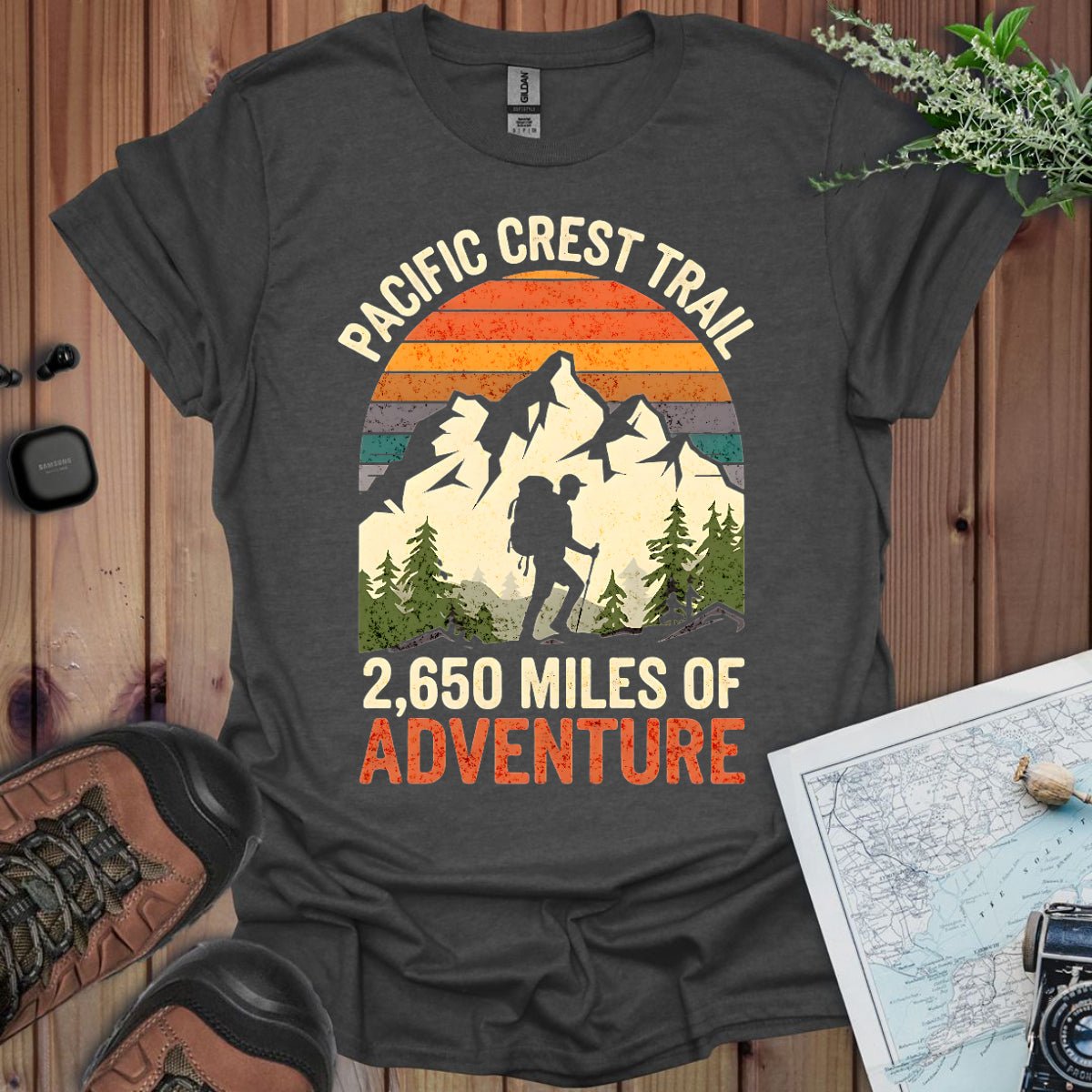 Pacific Crest Trail 2,650 Miles of Adventure graphic t-shirt shown from alternate product angle