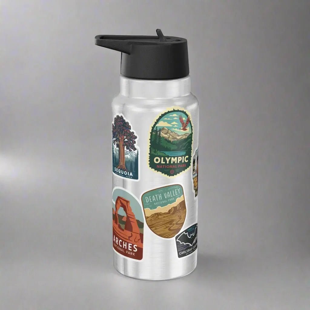 Personalized national parks sticker style 32 oz insulated water bottle tumbler shown from alternate product angle