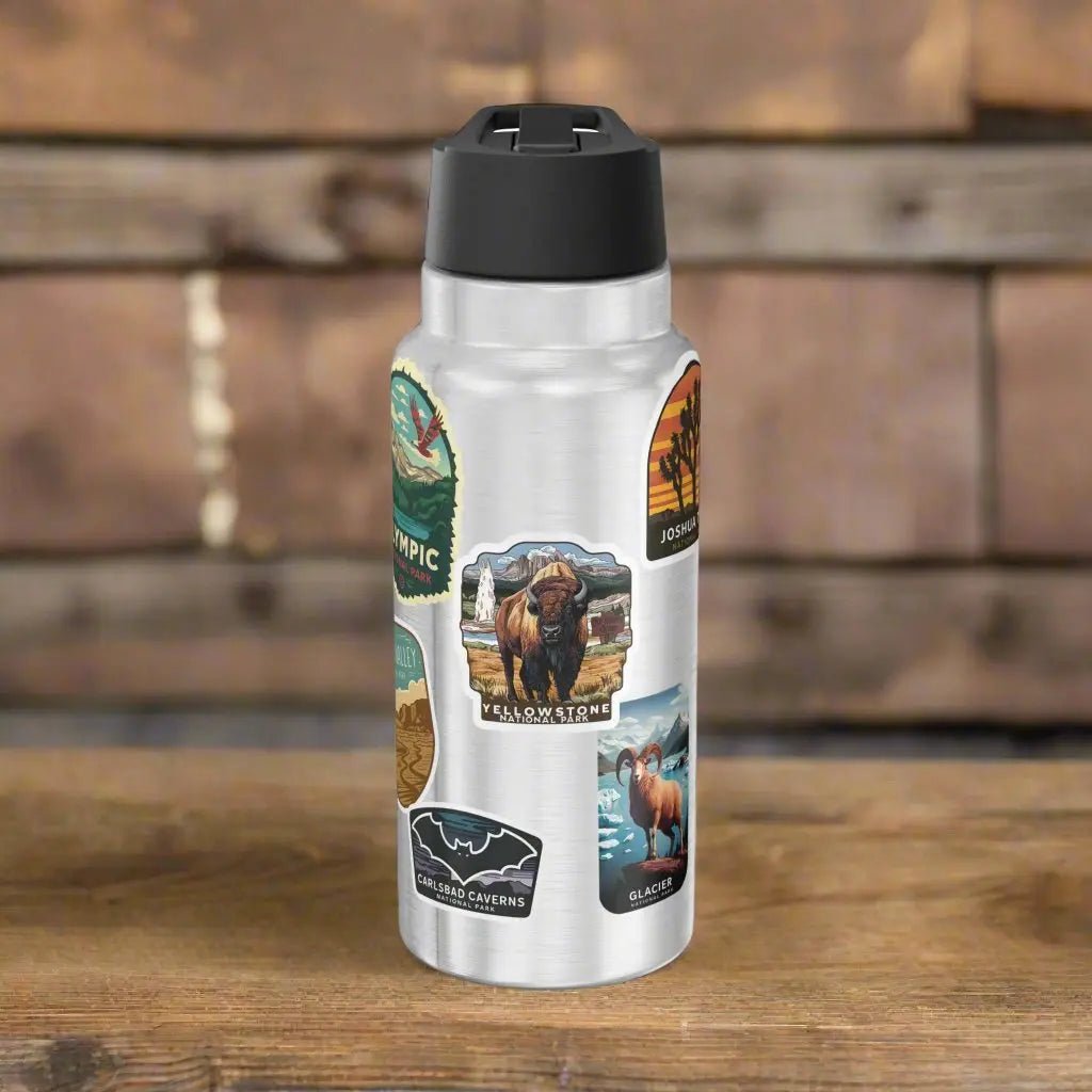 Personalized national parks sticker style 32 oz insulated water bottle tumbler shown as primary product image