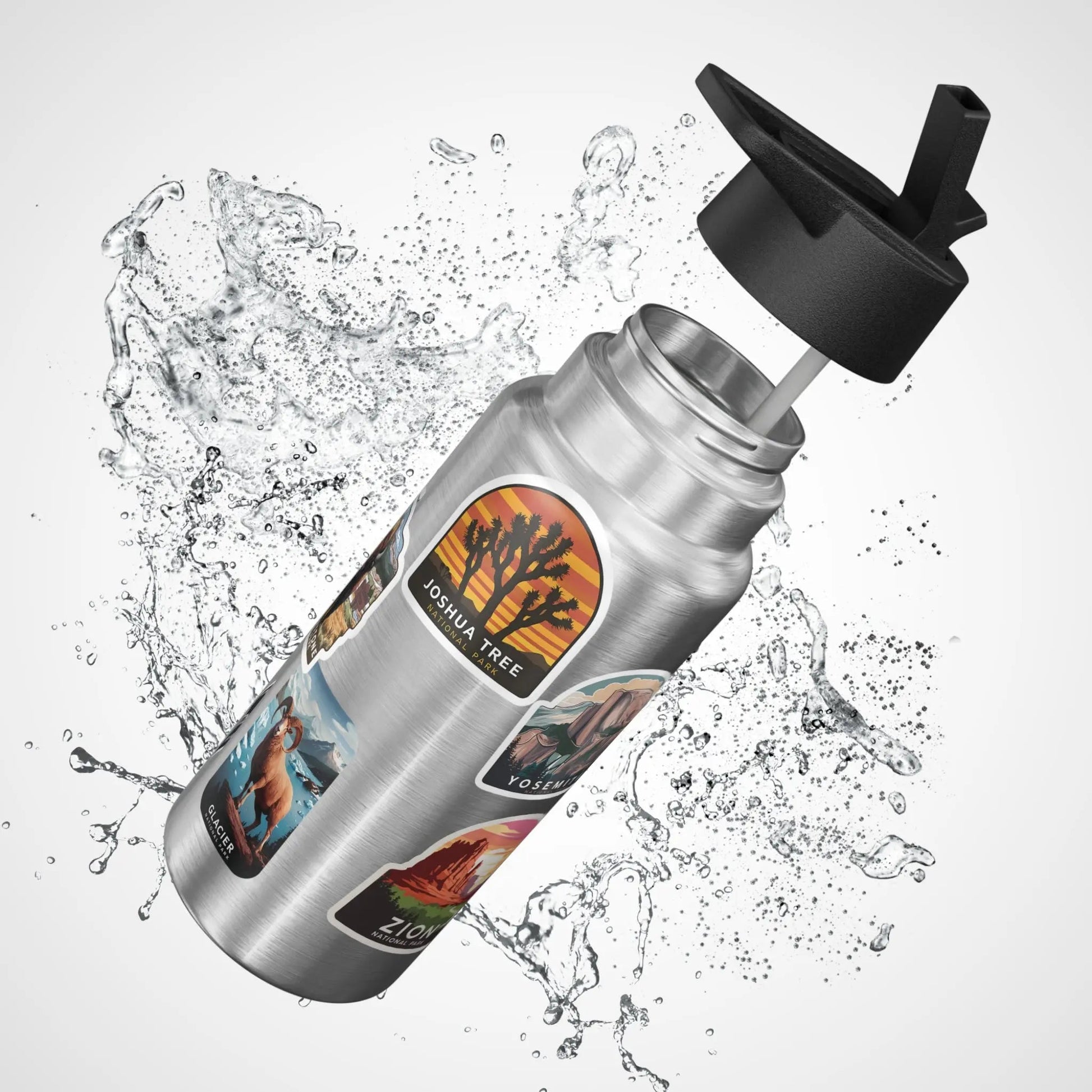 Personalized national parks sticker style 32 oz insulated water bottle tumbler showing design detail or product variation