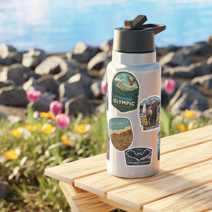 Personalized national parks sticker style 32 oz insulated water bottle tumbler shown from alternate product angle