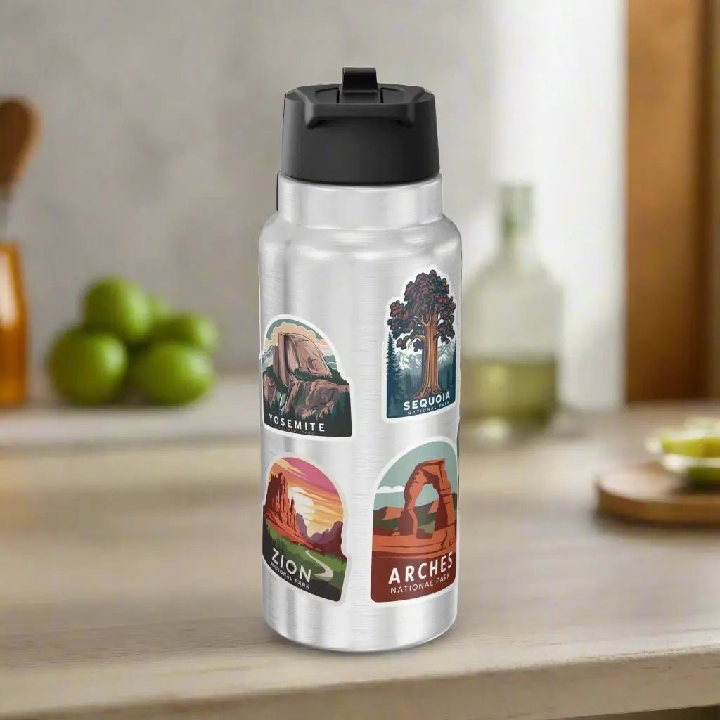 Personalized national parks sticker style 32 oz insulated water bottle tumbler showing design detail or product variation