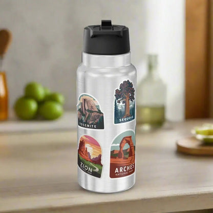 Personalized national parks sticker style 32 oz insulated water bottle tumbler showing design detail or product variation