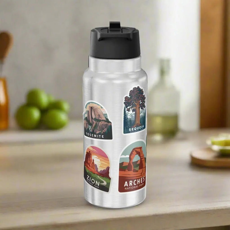Personalized national parks sticker style 32 oz insulated water bottle tumbler showing design detail or product variation