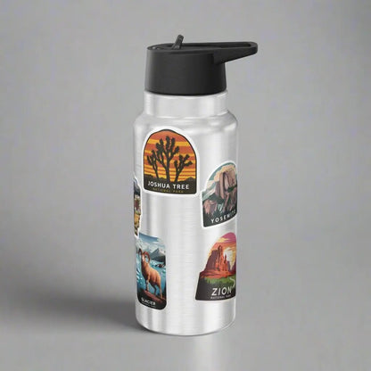 Personalized national parks sticker style 32 oz insulated water bottle tumbler showing design detail or product variation