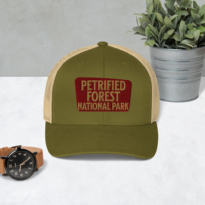Petrified Forest National Park embroidered trucker hat shown in lifestyle or modeled setting