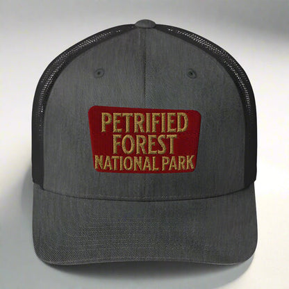 Petrified Forest National Park embroidered trucker hat shown from alternate product angle