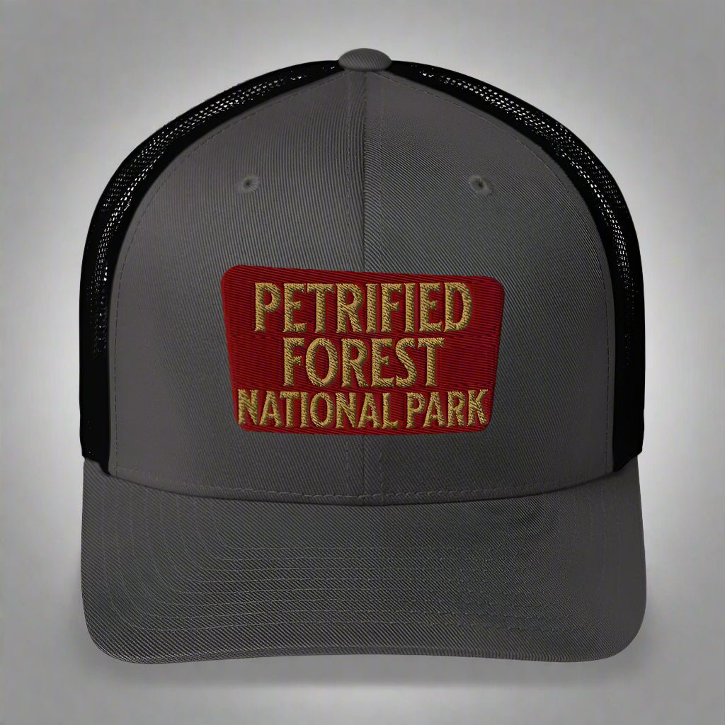 Petrified Forest National Park embroidered trucker hat shown in lifestyle or modeled setting