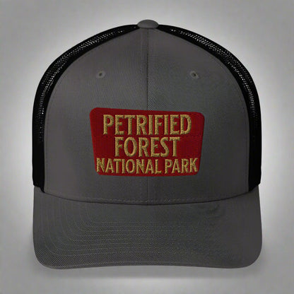 Petrified Forest National Park embroidered trucker hat shown in lifestyle or modeled setting